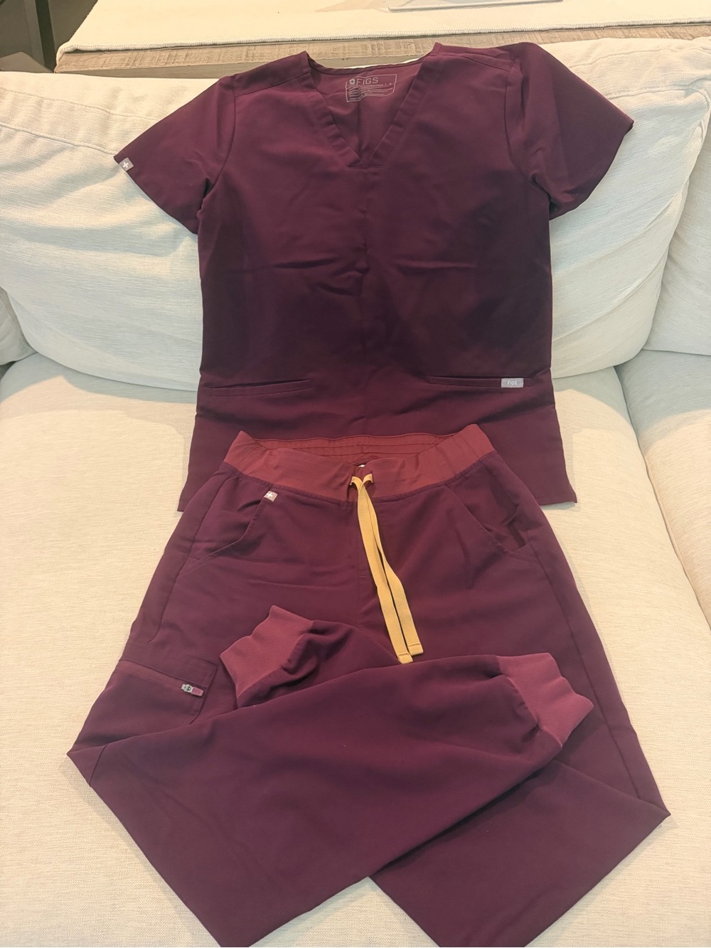 Figs Women's Deep Purple Scrub Top & Jogger Pants with Gold Drawstring
